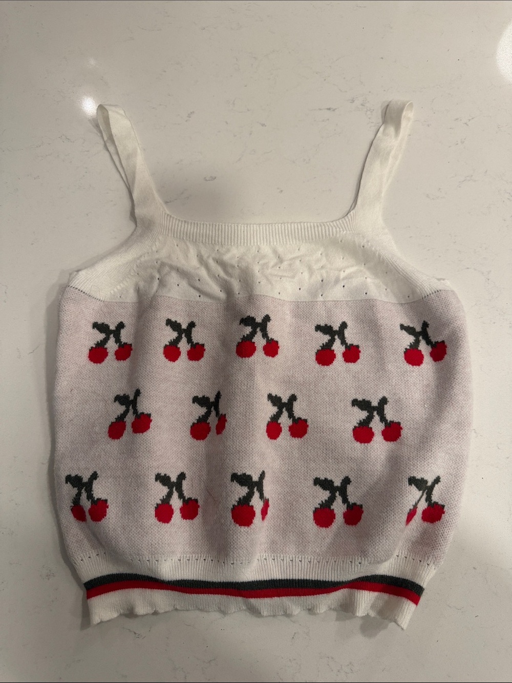 Listicle White Knit Tank Top with Red Cherry Motif